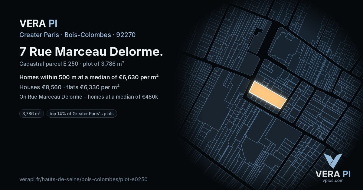 7 Rue Marceau Delorme, Bois-Colombes at night – the plot lit, the parcels around coloured by the prices near them