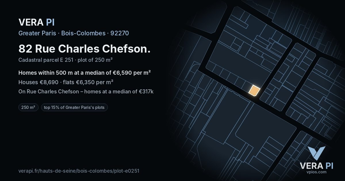 82 Rue Charles Chefson, Bois-Colombes at night – the plot lit, the parcels around coloured by the prices near them