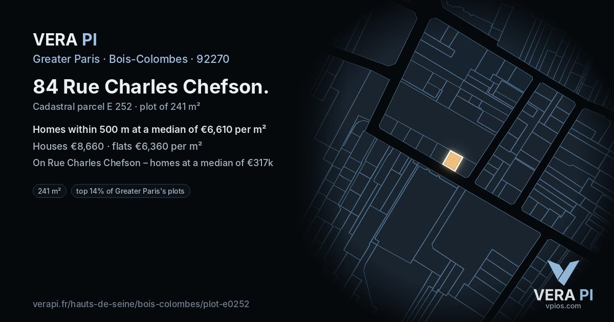 84 Rue Charles Chefson, Bois-Colombes at night – the plot lit, the parcels around coloured by the prices near them