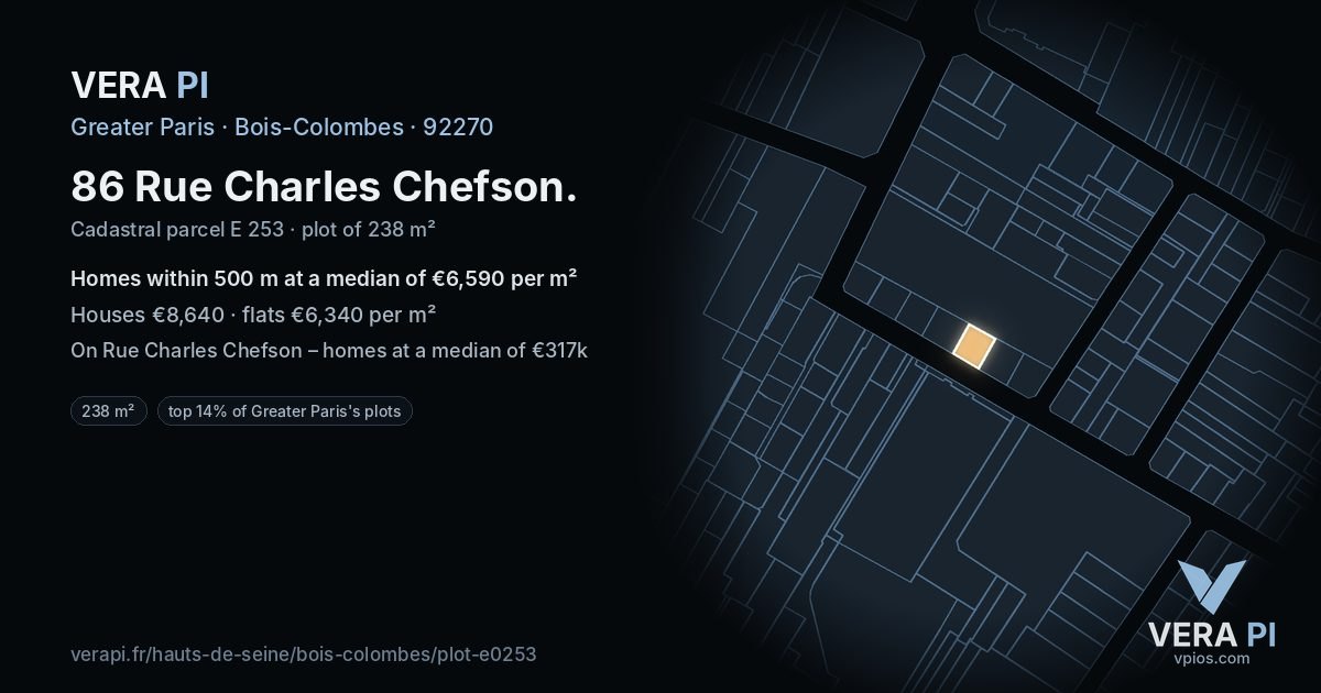 86 Rue Charles Chefson, Bois-Colombes at night – the plot lit, the parcels around coloured by the prices near them