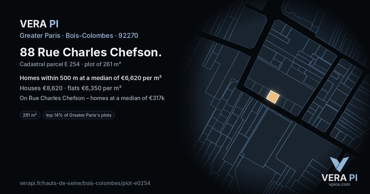 88 Rue Charles Chefson, Bois-Colombes at night – the plot lit, the parcels around coloured by the prices near them