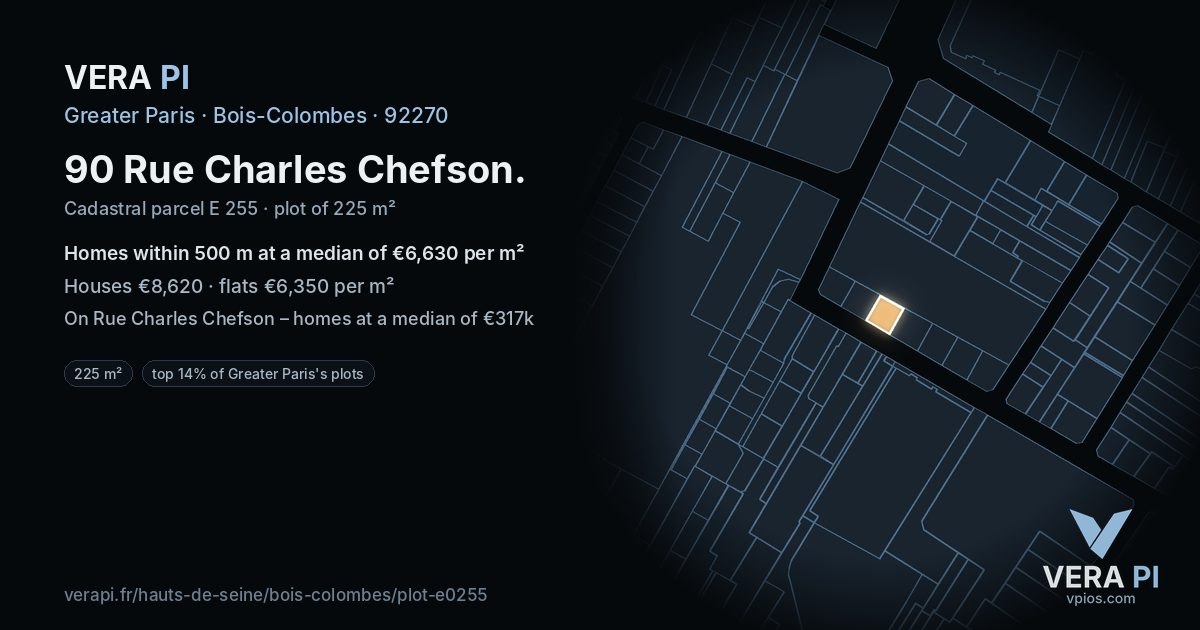 90 Rue Charles Chefson, Bois-Colombes at night – the plot lit, the parcels around coloured by the prices near them