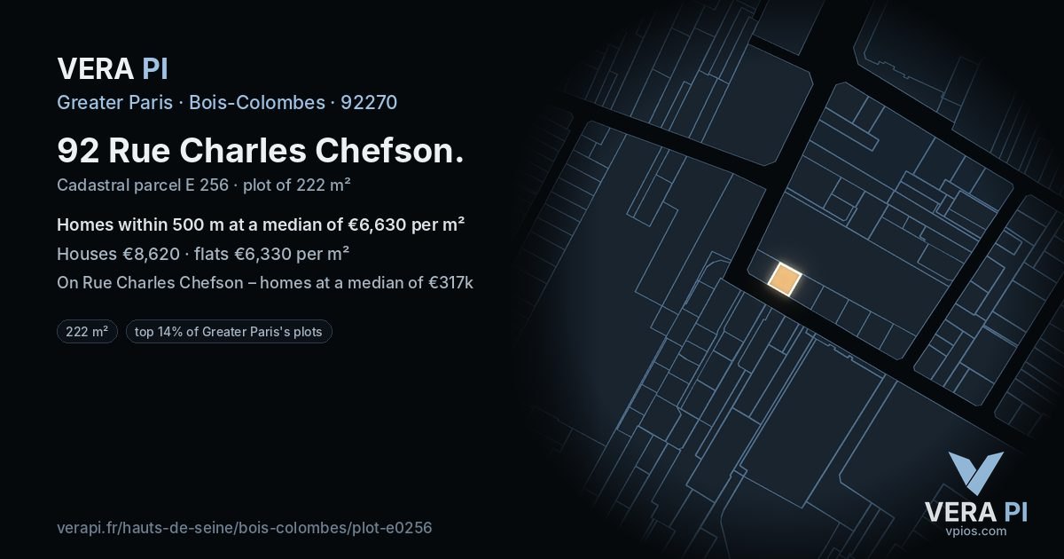 92 Rue Charles Chefson, Bois-Colombes at night – the plot lit, the parcels around coloured by the prices near them