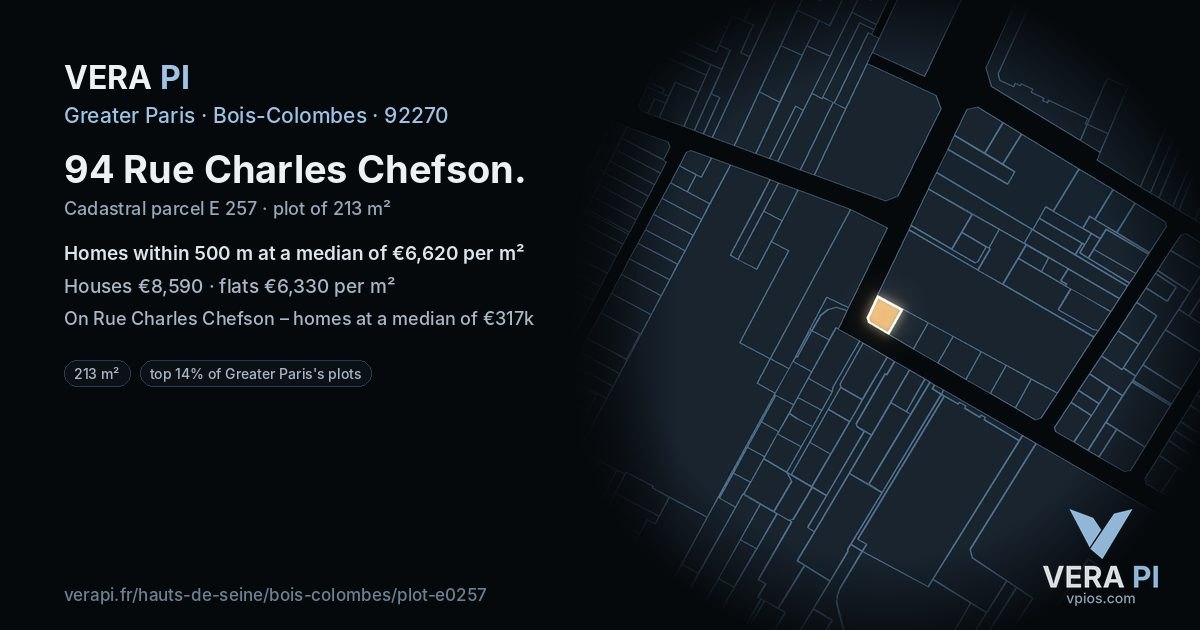 94 Rue Charles Chefson, Bois-Colombes at night – the plot lit, the parcels around coloured by the prices near them