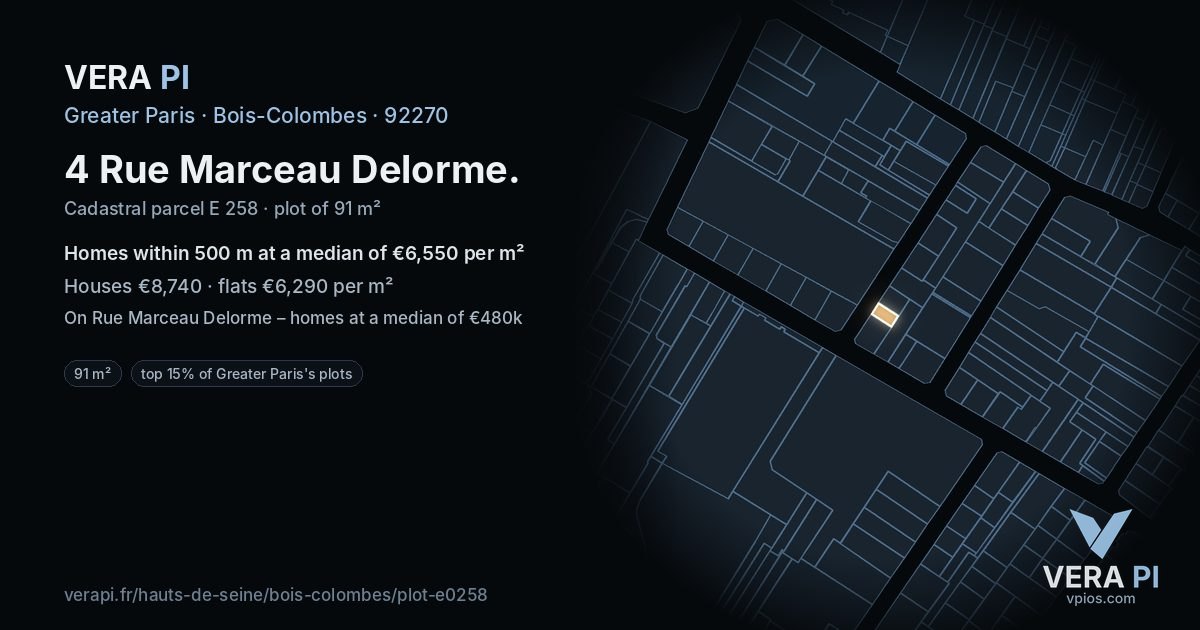 4 Rue Marceau Delorme, Bois-Colombes at night – the plot lit, the parcels around coloured by the prices near them