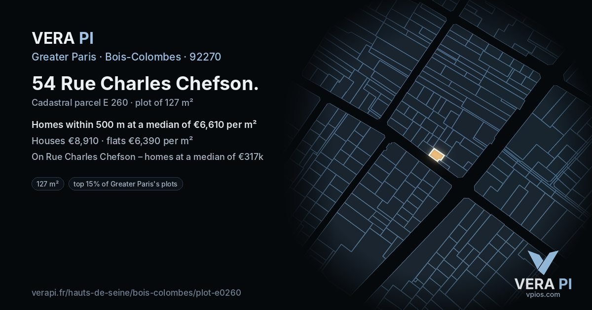 54 Rue Charles Chefson, Bois-Colombes at night – the plot lit, the parcels around coloured by the prices near them