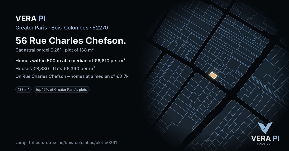 56 Rue Charles Chefson, Bois-Colombes at night – the plot lit, the parcels around coloured by the prices near them