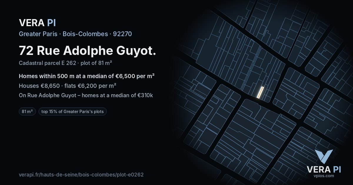 72 Rue Adolphe Guyot, Bois-Colombes at night – the plot lit, the parcels around coloured by the prices near them