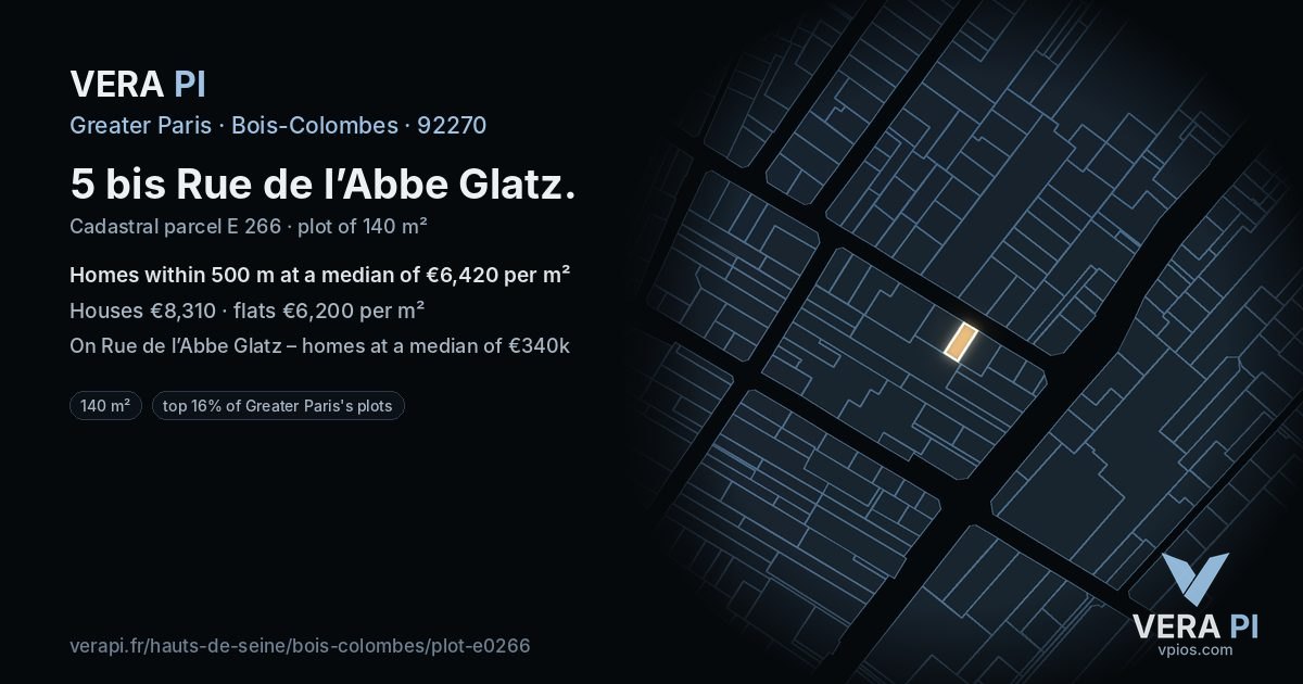 5 bis Rue de l’Abbe Glatz, Bois-Colombes at night – the plot lit, the parcels around coloured by the prices near them