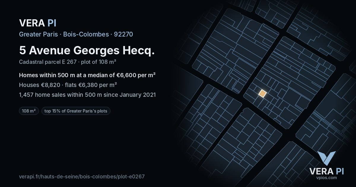 5 Avenue Georges Hecq, Bois-Colombes at night – the plot lit, the parcels around coloured by the prices near them