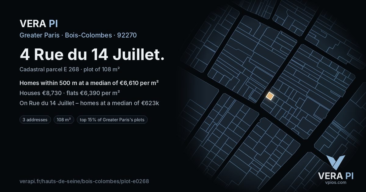 4 Rue du 14 Juillet, Bois-Colombes at night – the plot lit, the parcels around coloured by the prices near them