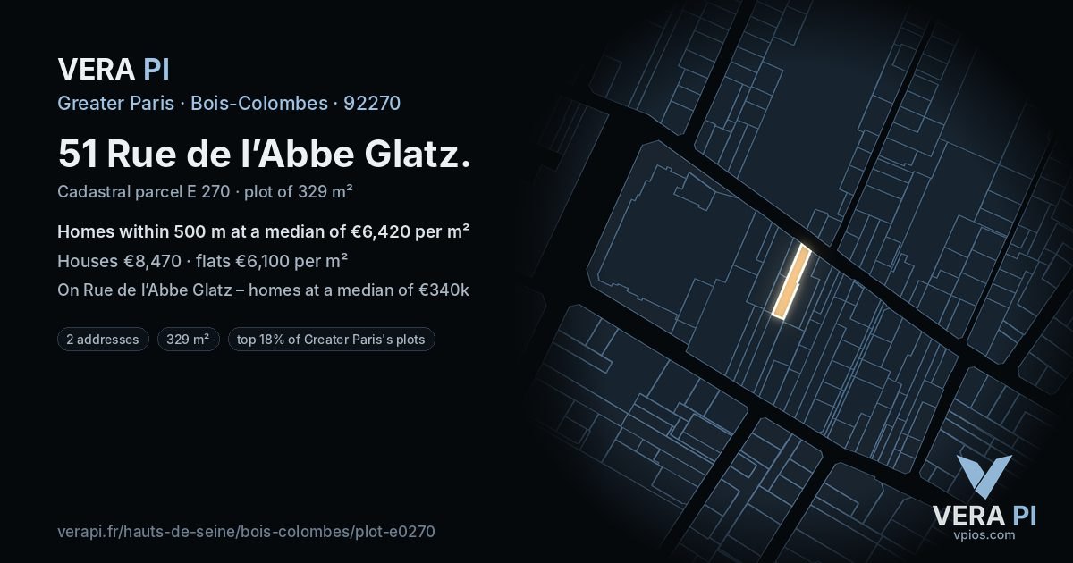 51 Rue de l’Abbe Glatz, Bois-Colombes at night – the plot lit, the parcels around coloured by the prices near them