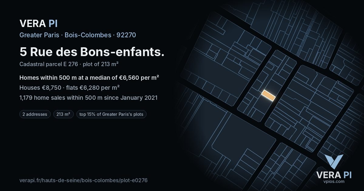 5 Rue des Bons-enfants, Bois-Colombes at night – the plot lit, the parcels around coloured by the prices near them