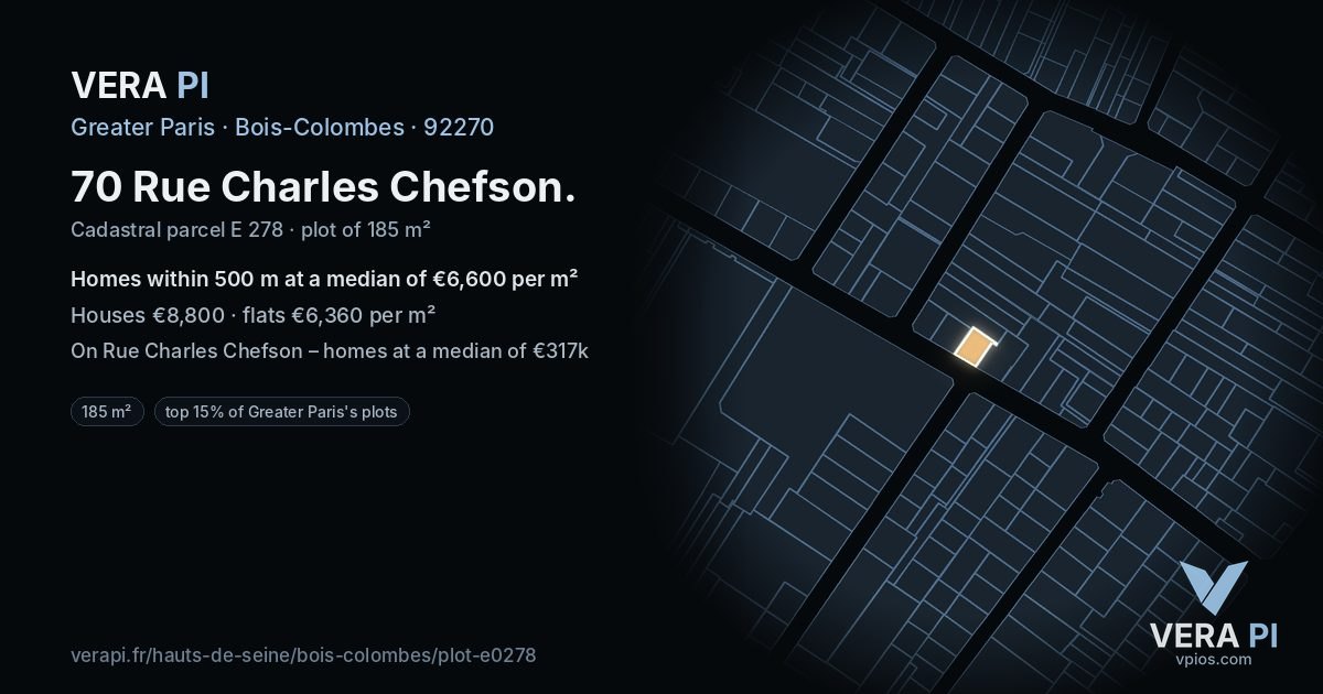 70 Rue Charles Chefson, Bois-Colombes at night – the plot lit, the parcels around coloured by the prices near them