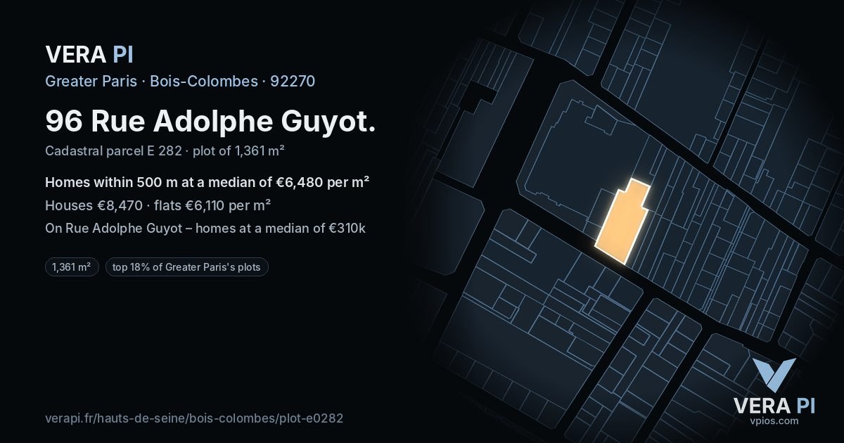 96 Rue Adolphe Guyot, Bois-Colombes at night – the plot lit, the parcels around coloured by the prices near them