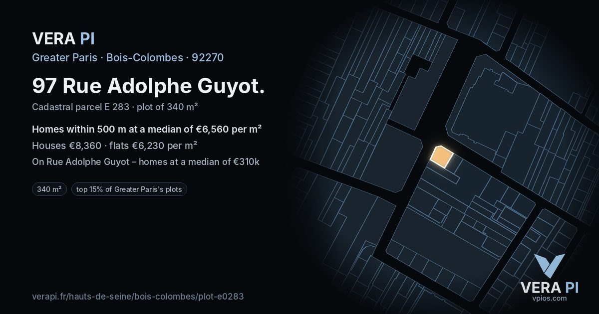 97 Rue Adolphe Guyot, Bois-Colombes at night – the plot lit, the parcels around coloured by the prices near them