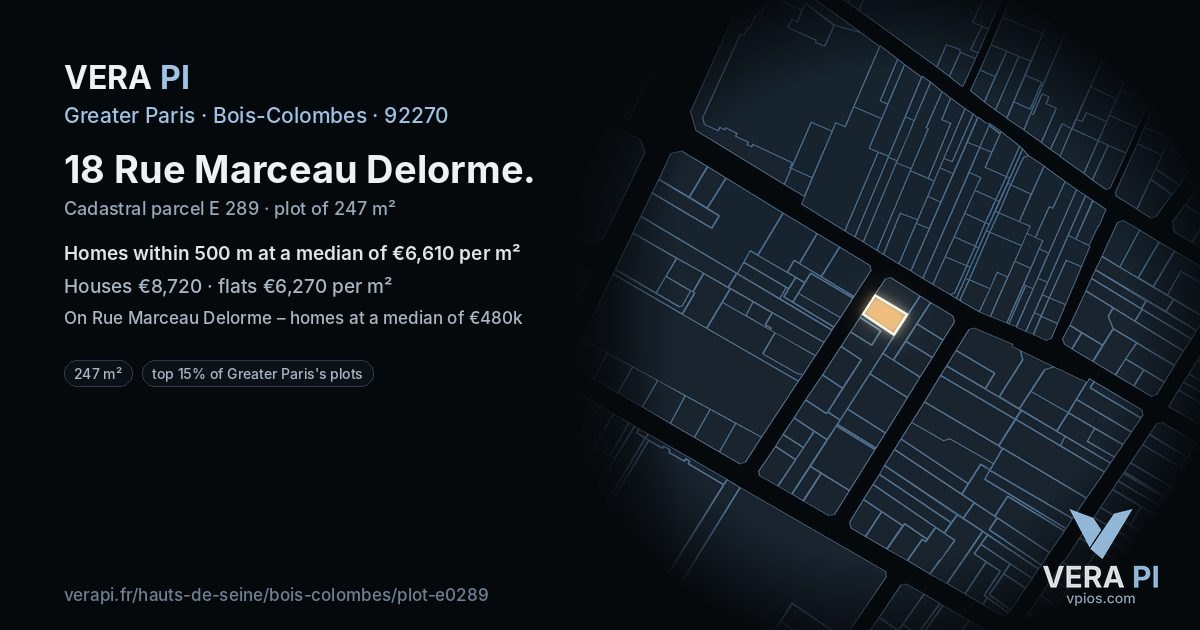 18 Rue Marceau Delorme, Bois-Colombes at night – the plot lit, the parcels around coloured by the prices near them