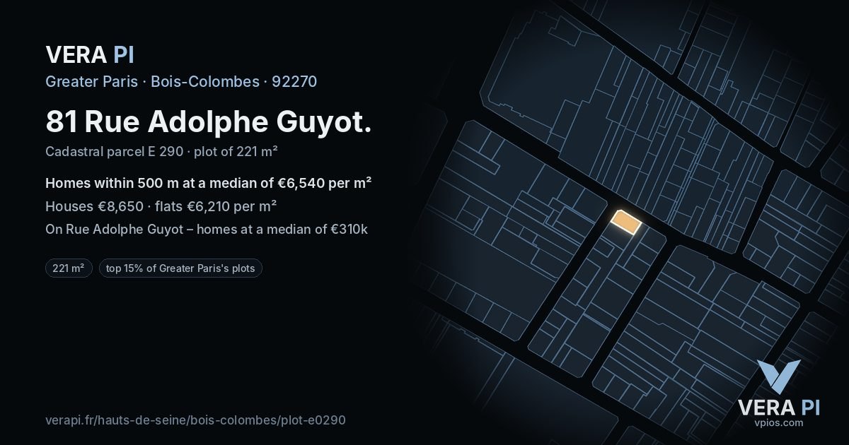 81 Rue Adolphe Guyot, Bois-Colombes at night – the plot lit, the parcels around coloured by the prices near them