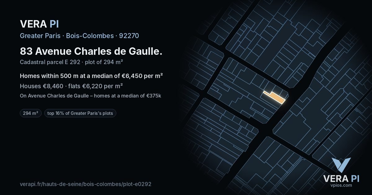 83 Avenue Charles de Gaulle, Bois-Colombes at night – the plot lit, the parcels around coloured by the prices near them