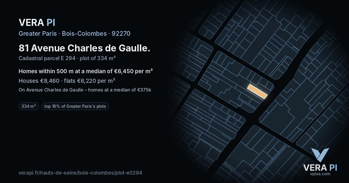 81 Avenue Charles de Gaulle, Bois-Colombes at night – the plot lit, the parcels around coloured by the prices near them