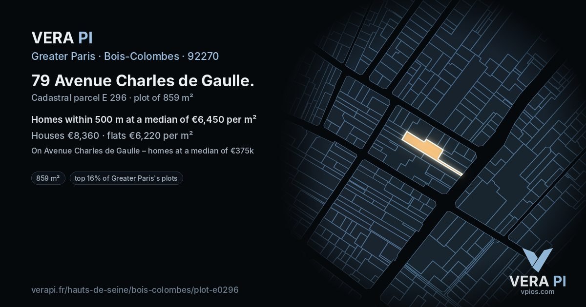79 Avenue Charles de Gaulle, Bois-Colombes at night – the plot lit, the parcels around coloured by the prices near them