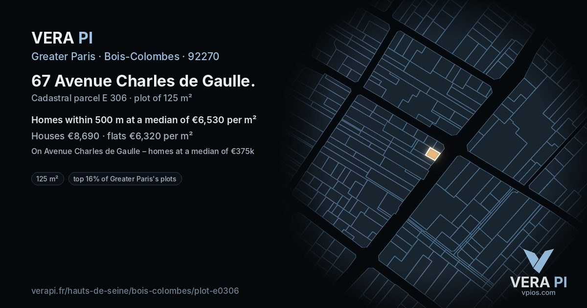 67 Avenue Charles de Gaulle, Bois-Colombes at night – the plot lit, the parcels around coloured by the prices near them