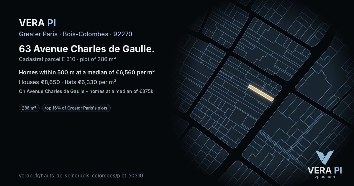 63 Avenue Charles de Gaulle, Bois-Colombes at night – the plot lit, the parcels around coloured by the prices near them