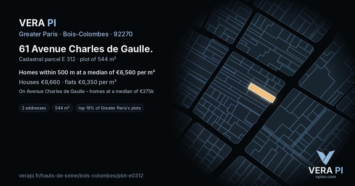 61 Avenue Charles de Gaulle, Bois-Colombes at night – the plot lit, the parcels around coloured by the prices near them