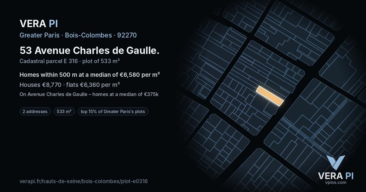 53 Avenue Charles de Gaulle, Bois-Colombes at night – the plot lit, the parcels around coloured by the prices near them