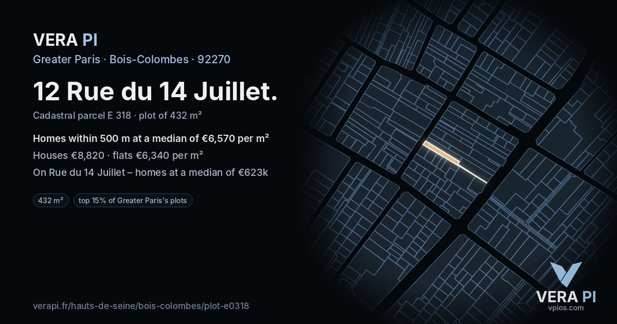 12 Rue du 14 Juillet, Bois-Colombes at night – the plot lit, the parcels around coloured by the prices near them