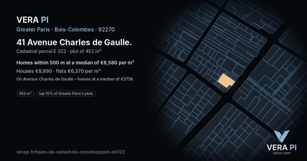 41 Avenue Charles de Gaulle, Bois-Colombes at night – the plot lit, the parcels around coloured by the prices near them