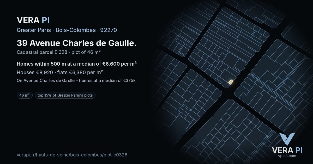 39 Avenue Charles de Gaulle, Bois-Colombes at night – the plot lit, the parcels around coloured by the prices near them