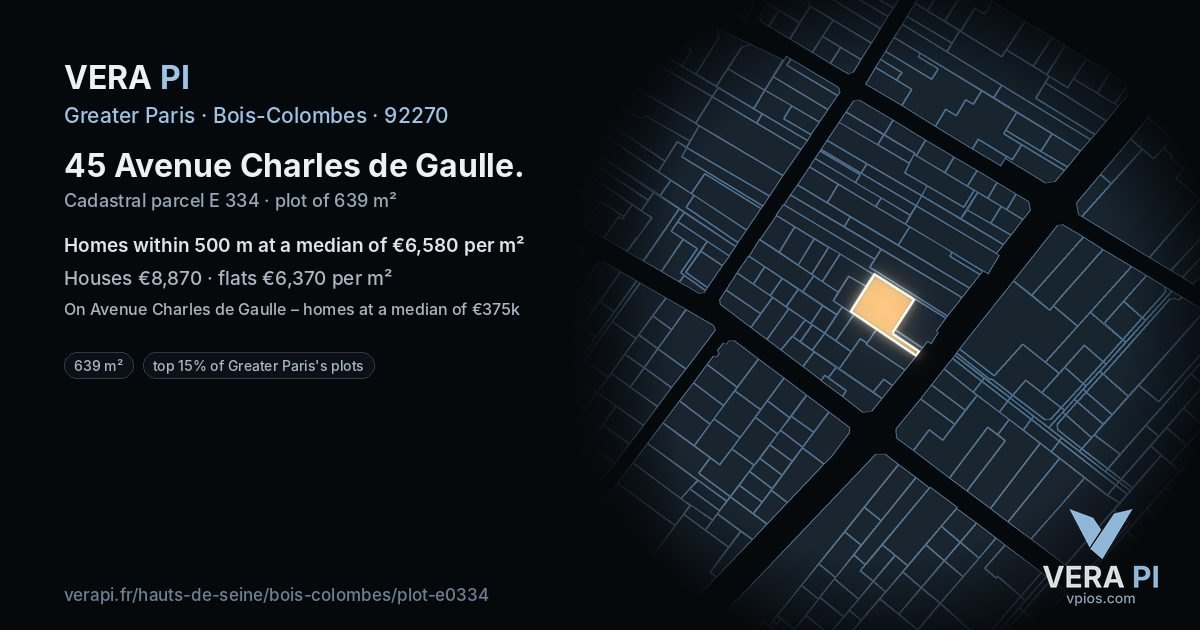 45 Avenue Charles de Gaulle, Bois-Colombes at night – the plot lit, the parcels around coloured by the prices near them