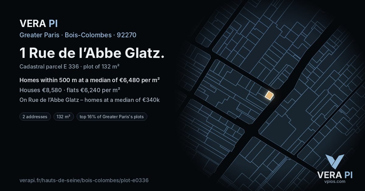 1 Rue de l’Abbe Glatz, Bois-Colombes at night – the plot lit, the parcels around coloured by the prices near them