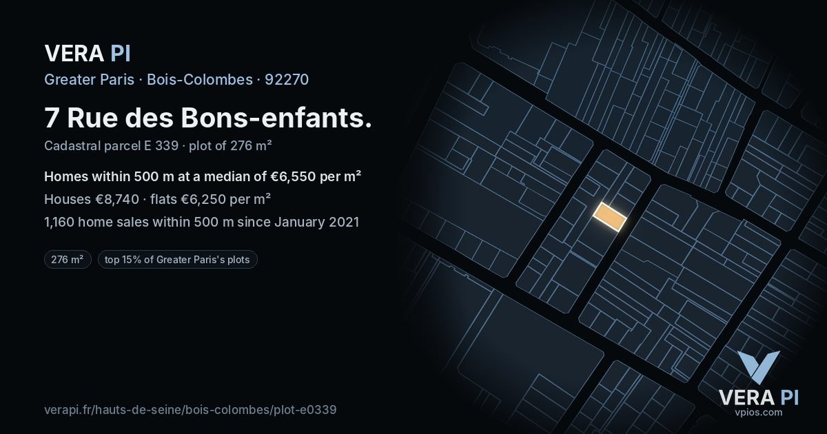 7 Rue des Bons-enfants, Bois-Colombes at night – the plot lit, the parcels around coloured by the prices near them