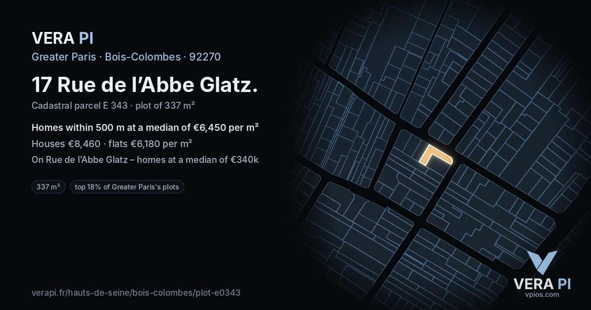 17 Rue de l’Abbe Glatz, Bois-Colombes at night – the plot lit, the parcels around coloured by the prices near them