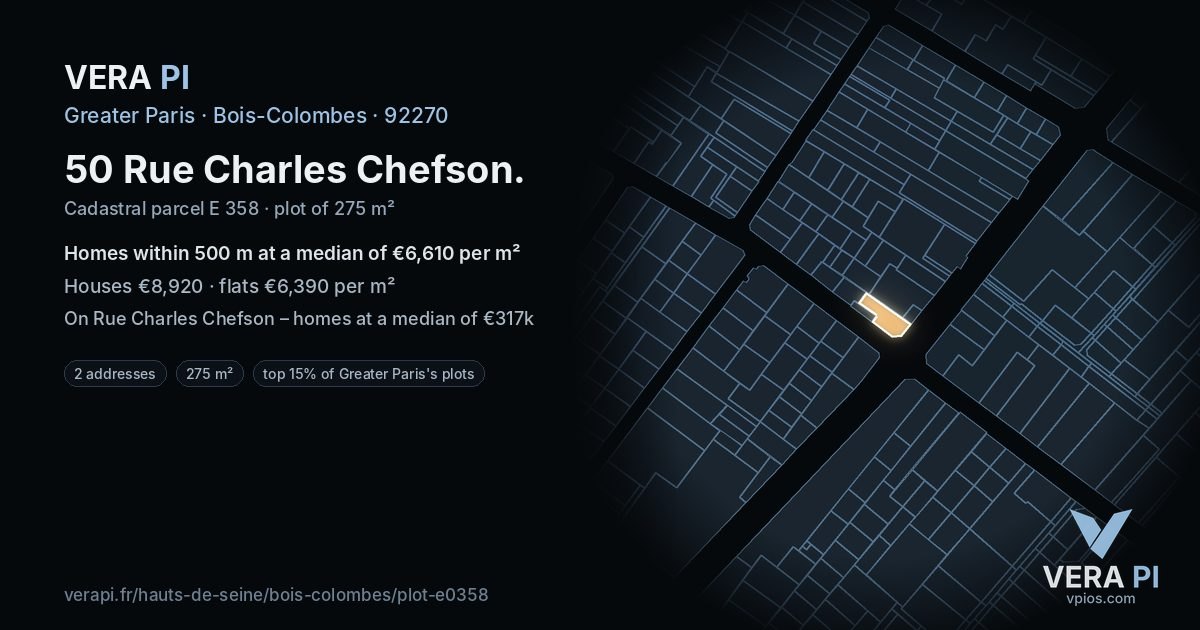 50 Rue Charles Chefson, Bois-Colombes at night – the plot lit, the parcels around coloured by the prices near them