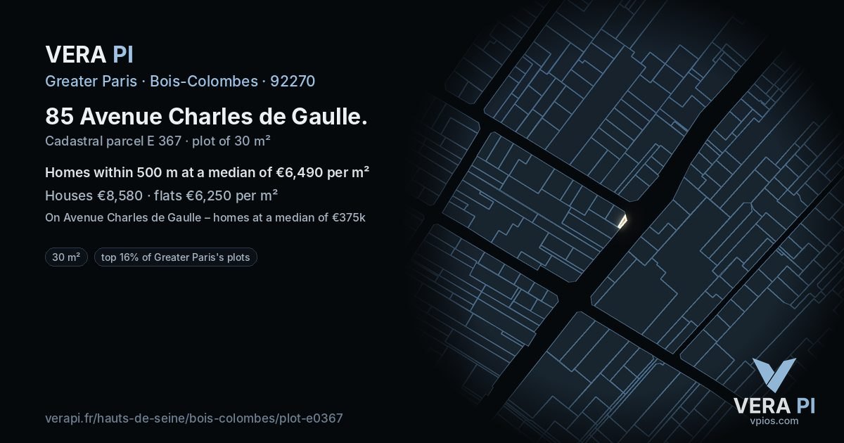 85 Avenue Charles de Gaulle, Bois-Colombes at night – the plot lit, the parcels around coloured by the prices near them