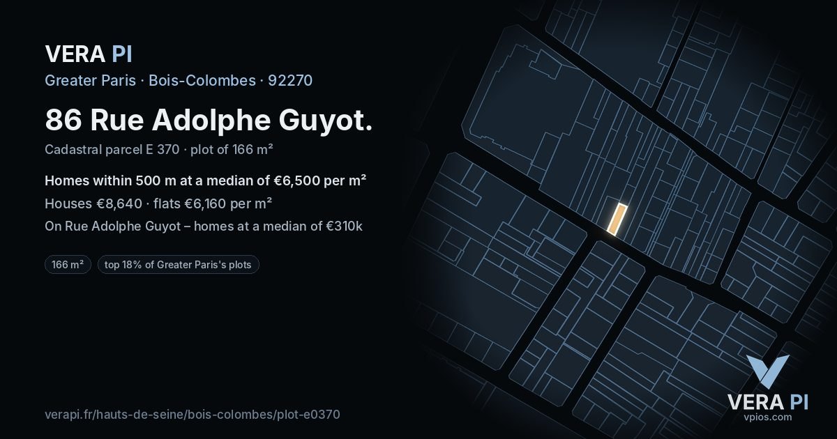 86 Rue Adolphe Guyot, Bois-Colombes at night – the plot lit, the parcels around coloured by the prices near them