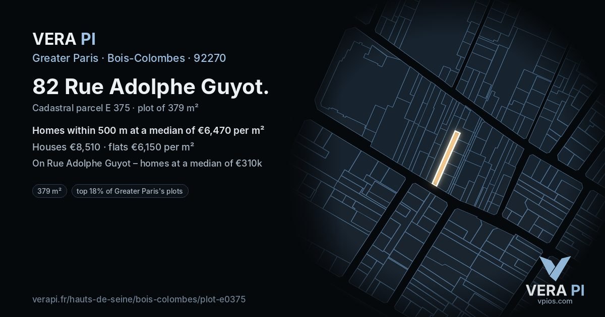 82 Rue Adolphe Guyot, Bois-Colombes at night – the plot lit, the parcels around coloured by the prices near them