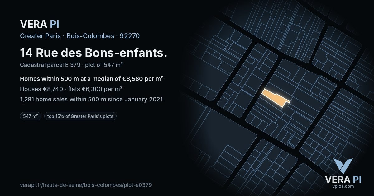 14 Rue des Bons-enfants, Bois-Colombes at night – the plot lit, the parcels around coloured by the prices near them