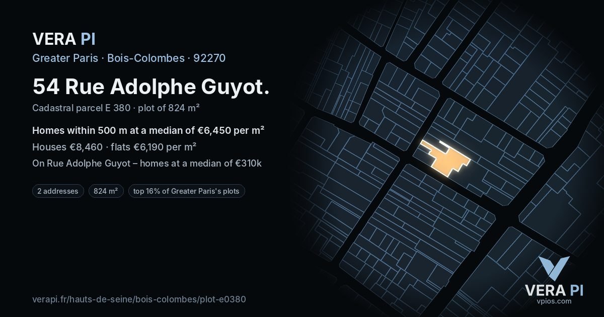 54 Rue Adolphe Guyot, Bois-Colombes at night – the plot lit, the parcels around coloured by the prices near them