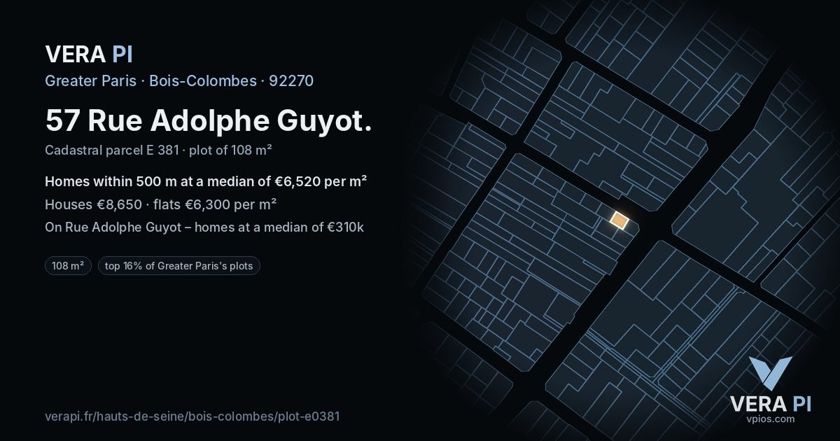 57 Rue Adolphe Guyot, Bois-Colombes at night – the plot lit, the parcels around coloured by the prices near them
