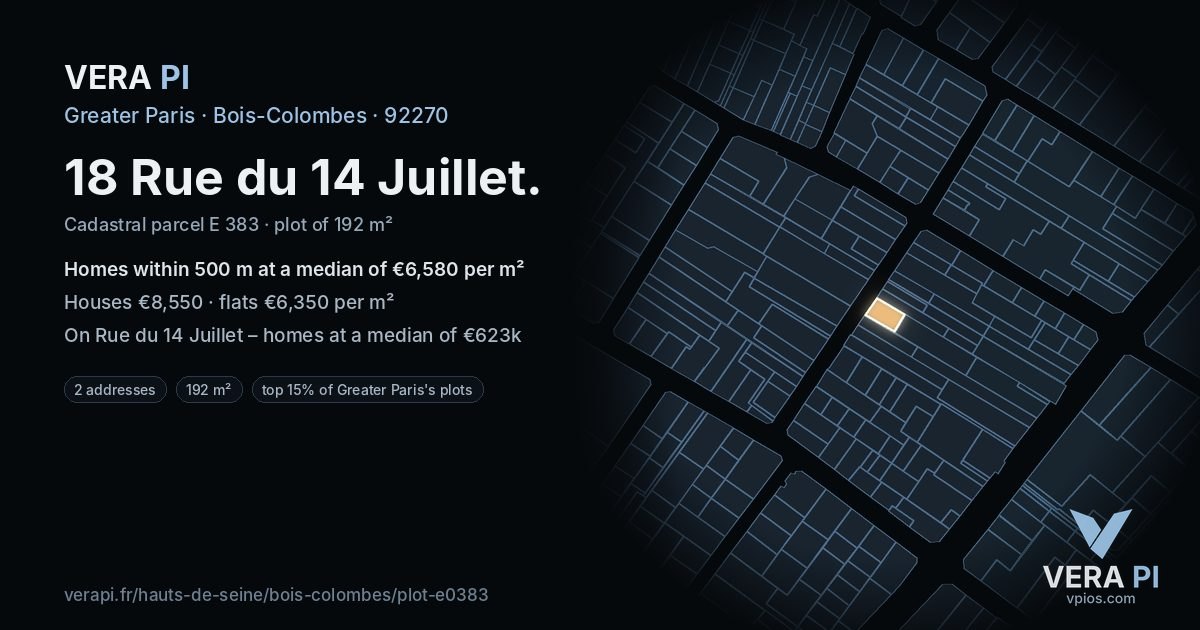 18 Rue du 14 Juillet, Bois-Colombes at night – the plot lit, the parcels around coloured by the prices near them