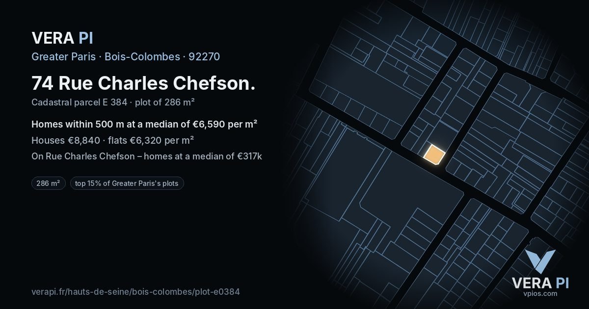 74 Rue Charles Chefson, Bois-Colombes at night – the plot lit, the parcels around coloured by the prices near them