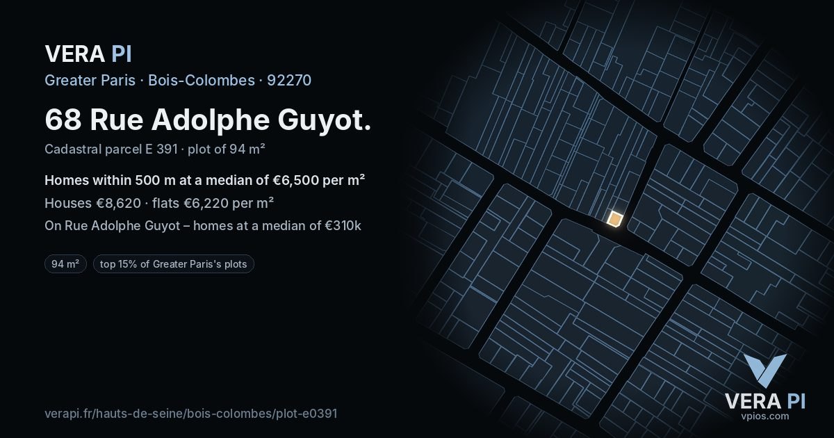 68 Rue Adolphe Guyot, Bois-Colombes at night – the plot lit, the parcels around coloured by the prices near them