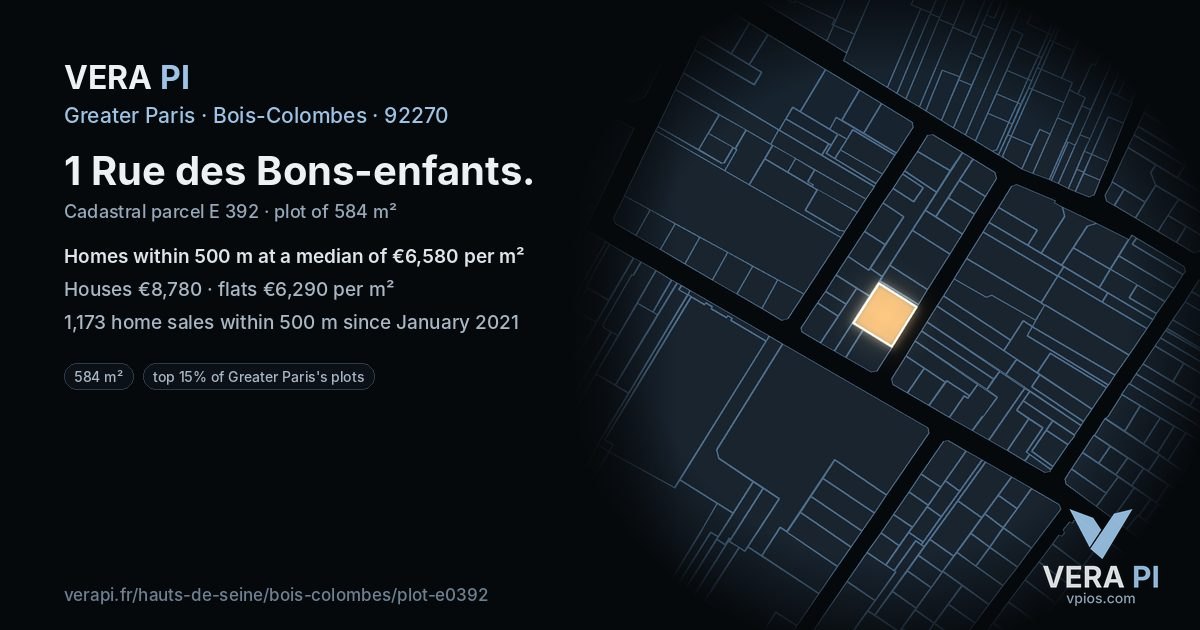 1 Rue des Bons-enfants, Bois-Colombes at night – the plot lit, the parcels around coloured by the prices near them