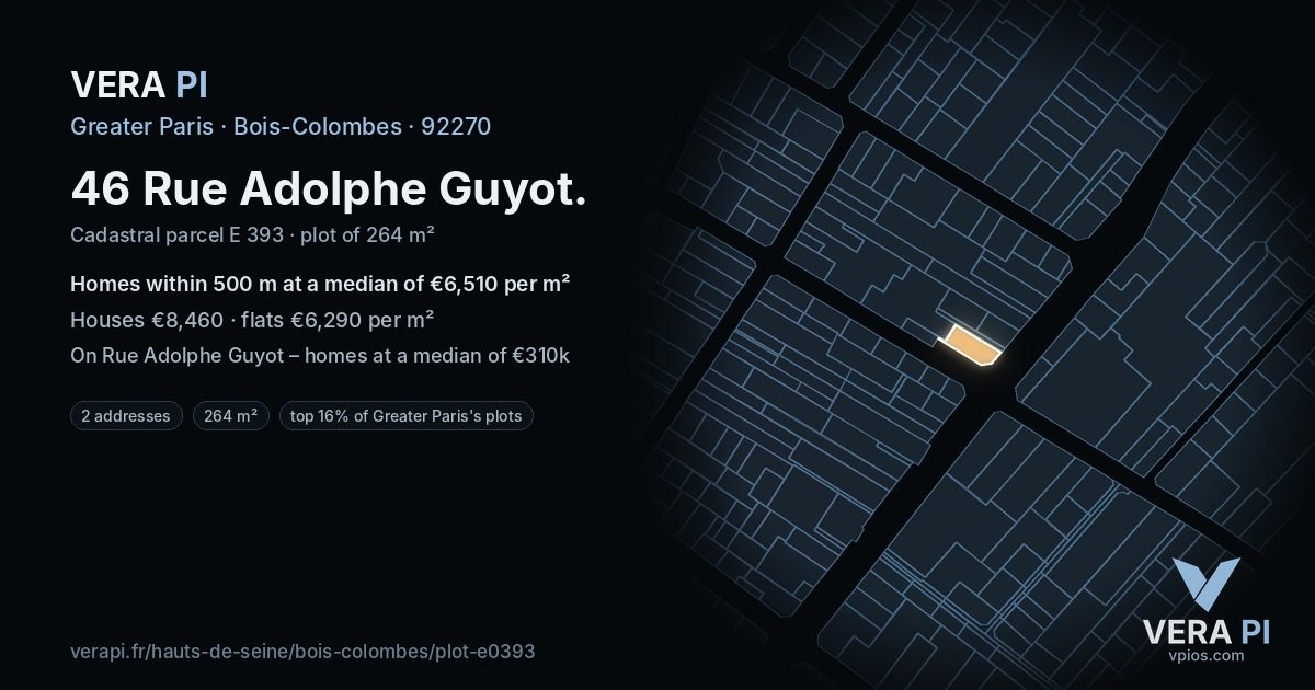 46 Rue Adolphe Guyot, Bois-Colombes at night – the plot lit, the parcels around coloured by the prices near them