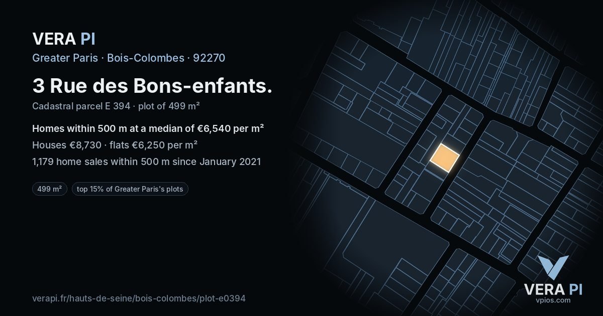 3 Rue des Bons-enfants, Bois-Colombes at night – the plot lit, the parcels around coloured by the prices near them