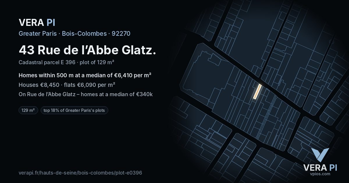 43 Rue de l’Abbe Glatz, Bois-Colombes at night – the plot lit, the parcels around coloured by the prices near them